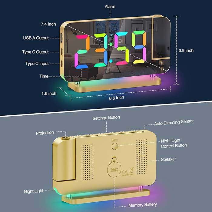 Poeroa Projection Alarm Clock for Bedroom,7.4" LED Mirror Digital Clock Large Display,with RGB Night Light,180° Rotatable Projector,USB C Port,Auto Dimmer, Loud Desk Clock for Heavy Sleeper - Gold - Image 9