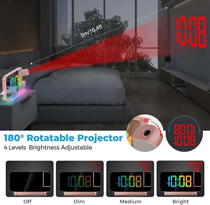 Poeroa Projector Clock,7.4 in Digital Alarm Clocks Projection on Ceiling Wall,with RGB Night Light,USB C Charging Port,Auto Dimming,LED Mirror Clock for Teen Girl Adults Bedroom Decor - Rose Gold - Image 3