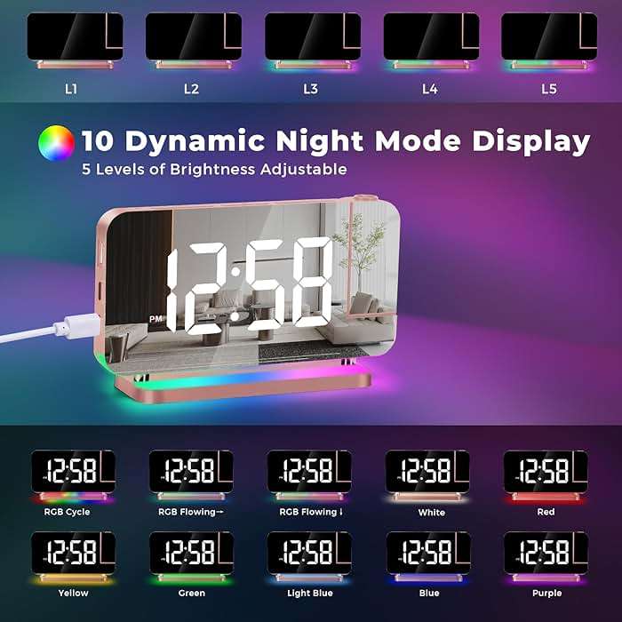 Poeroa Projector Clock,7.4 in Digital Alarm Clocks Projection on Ceiling Wall,with RGB Night Light,USB C Charging Port,Auto Dimming,LED Mirror Clock for Teen Girl Adults Bedroom Decor - Rose Gold - Image 4