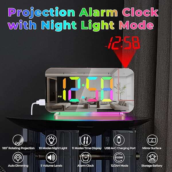 Poeroa Projector Clock,7.4 in Digital Alarm Clocks Projection on Ceiling Wall,with RGB Night Light,USB C Charging Port,Auto Dimming,LED Mirror Clock for Teen Girl Adults Bedroom Decor - Rose Gold - Image 5