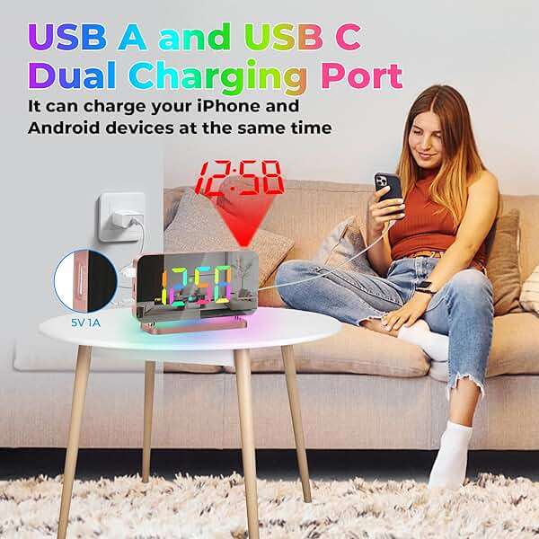 Poeroa Projector Clock,7.4 in Digital Alarm Clocks Projection on Ceiling Wall,with RGB Night Light,USB C Charging Port,Auto Dimming,LED Mirror Clock for Teen Girl Adults Bedroom Decor - Rose Gold - Image 6