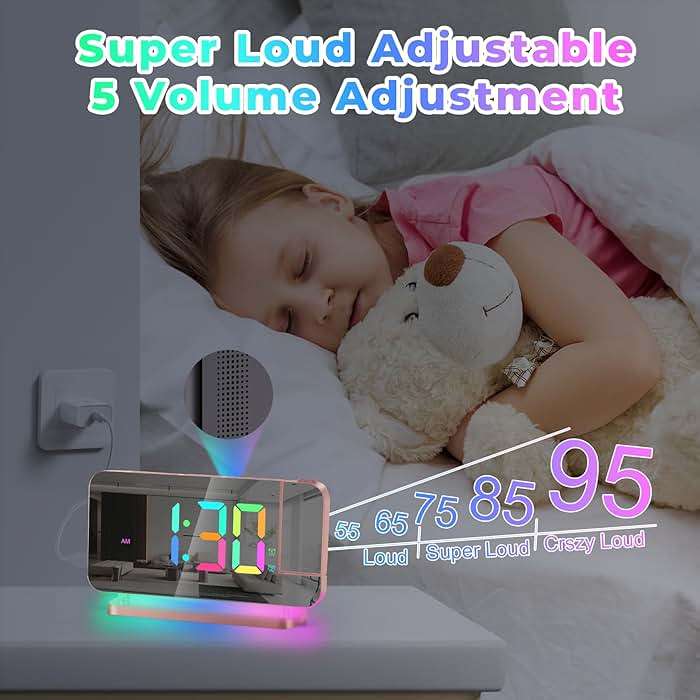 Poeroa Projector Clock,7.4 in Digital Alarm Clocks Projection on Ceiling Wall,with RGB Night Light,USB C Charging Port,Auto Dimming,LED Mirror Clock for Teen Girl Adults Bedroom Decor - Rose Gold - Image 8