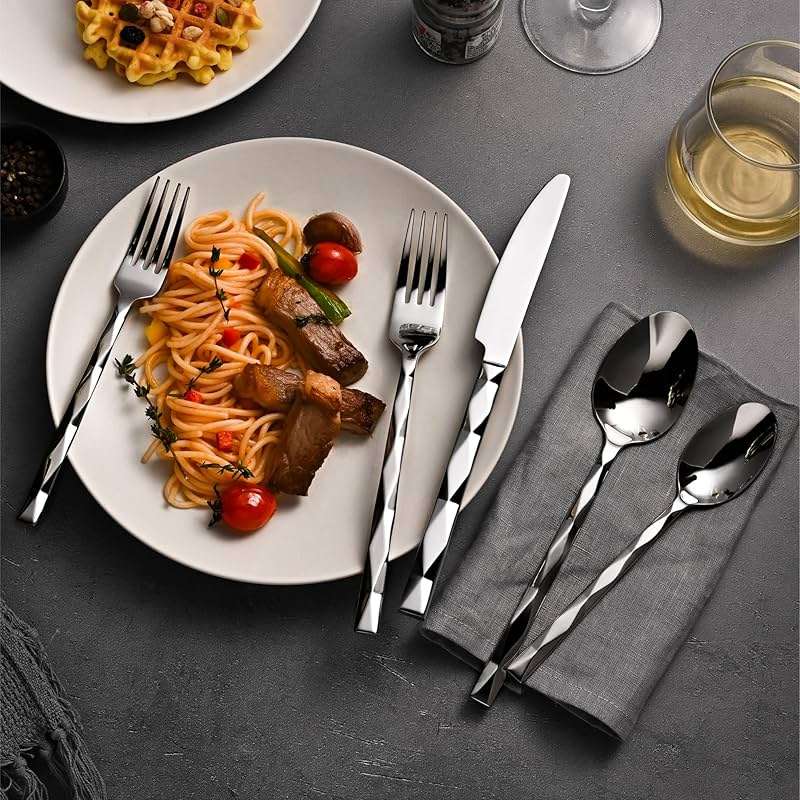 KINGSTONE Silverware Set, Luxury 20 Piece Flatware Set for 4, 18/10 Stainless Steel Cutlery Set with Diamond Cut Pattern for Kitchen, Home, Wedding, Party, Mirror Polished and Dishwasher Safe - Image 2