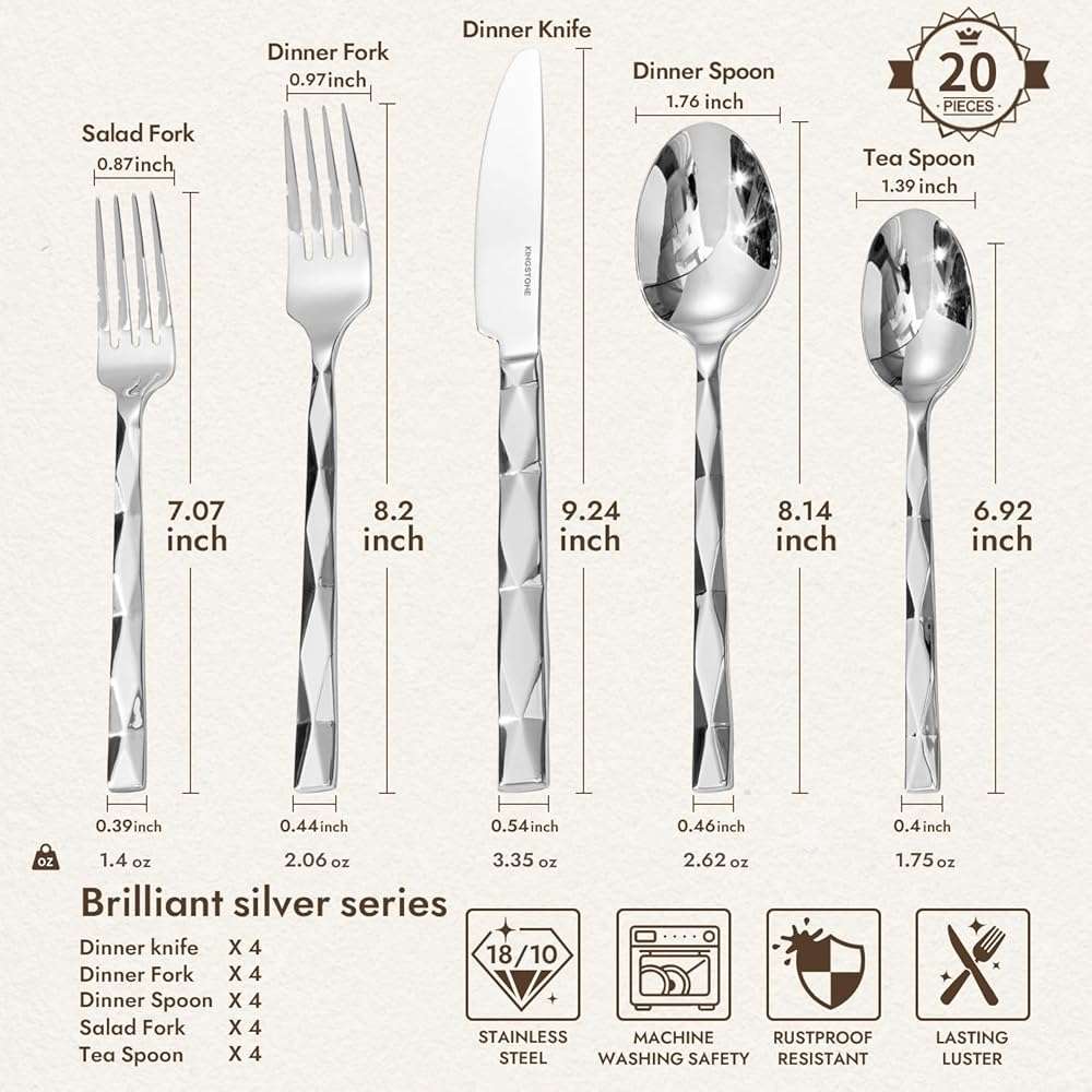 KINGSTONE Silverware Set, Luxury 20 Piece Flatware Set for 4, 18/10 Stainless Steel Cutlery Set with Diamond Cut Pattern for Kitchen, Home, Wedding, Party, Mirror Polished and Dishwasher Safe - Image 3