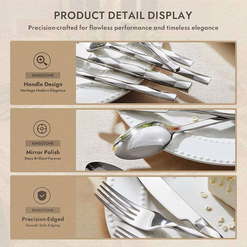 KINGSTONE Silverware Set, Luxury 20 Piece Flatware Set for 4, 18/10 Stainless Steel Cutlery Set with Diamond Cut Pattern for Kitchen, Home, Wedding, Party, Mirror Polished and Dishwasher Safe - Image 4