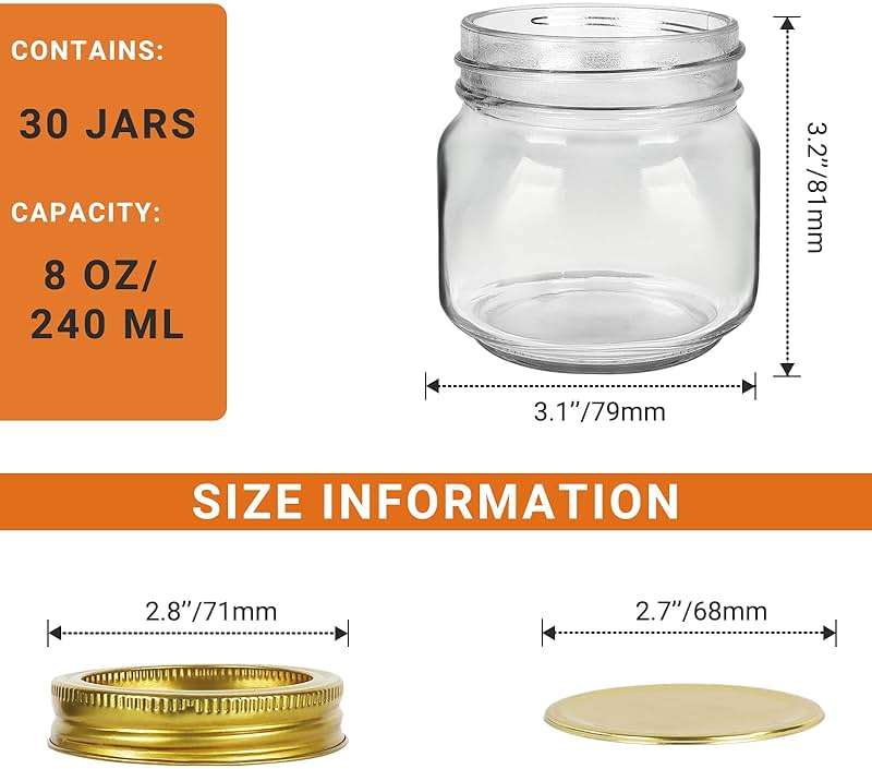 Betrome 8 oz Mason Jars, 30 Pack 240ml Glass Canning Jars with Regular Mouth Lids, Glass Storage Containers for Overnight Oats, Jam, Jelly, Honey, Beans, Spice, Wedding Party Favor, Shower Favor - Image 3