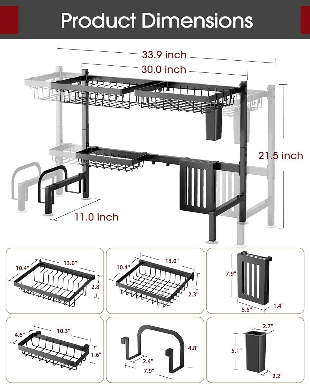 Sakugi Over The Sink Dish Drying Rack - Adjustable 2 Tier Large Capacity Stainless Steel Drainer with Cutlery & Utensil Holders, Kitchen Storage & Organization, 30"-33.9" L x 11" W x 21.5" H, Black - Image 2