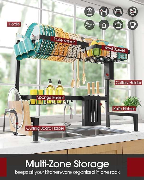 Sakugi Over The Sink Dish Drying Rack - Adjustable 2 Tier Large Capacity Stainless Steel Drainer with Cutlery & Utensil Holders, Kitchen Storage & Organization, 30"-33.9" L x 11" W x 21.5" H, Black - Image 3