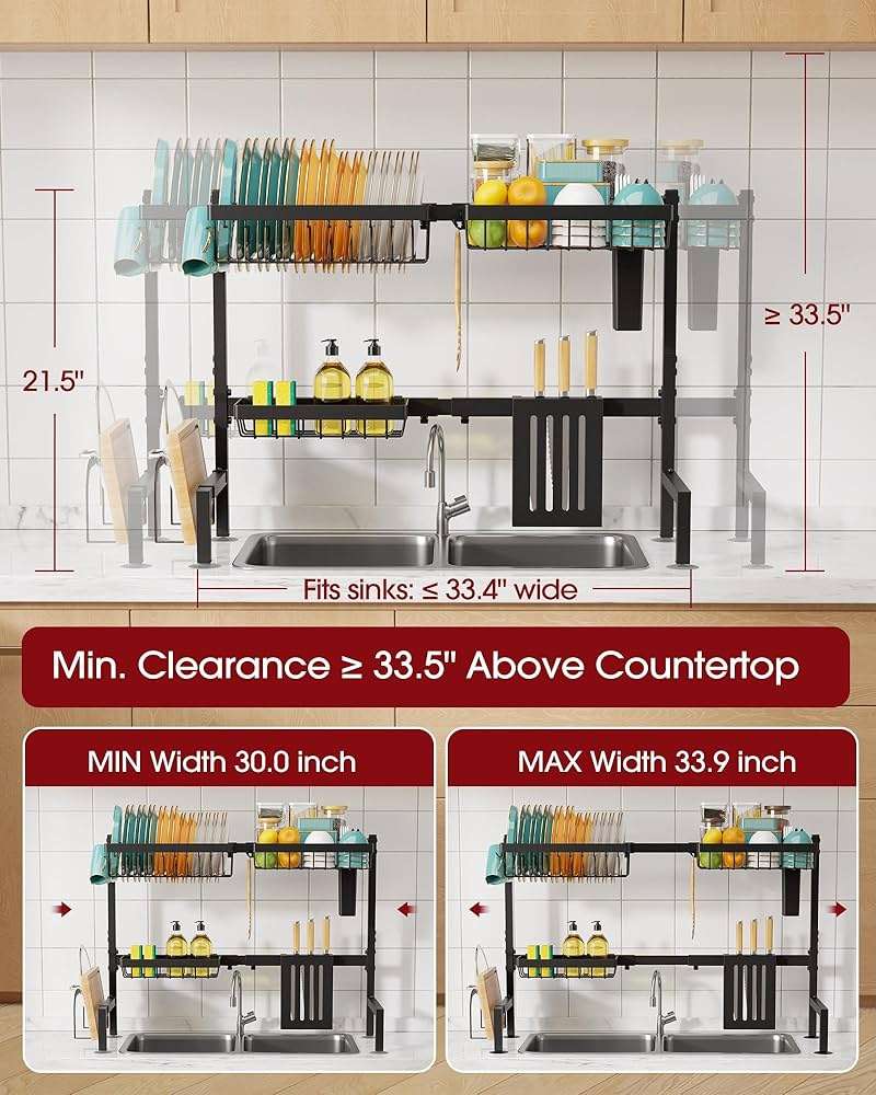 Sakugi Over The Sink Dish Drying Rack - Adjustable 2 Tier Large Capacity Stainless Steel Drainer with Cutlery & Utensil Holders, Kitchen Storage & Organization, 30"-33.9" L x 11" W x 21.5" H, Black - Image 4