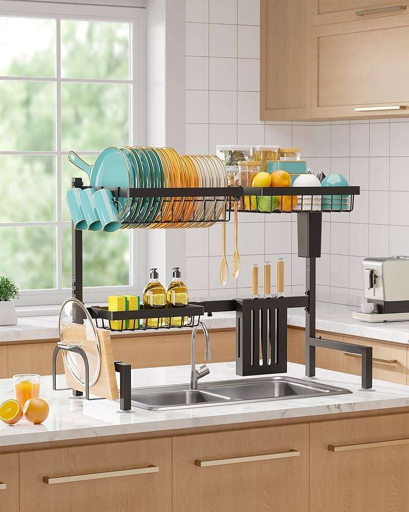 Sakugi Over The Sink Dish Drying Rack - Adjustable 2 Tier Large Capacity Stainless Steel Drainer with Cutlery & Utensil Holders, Kitchen Storage & Organization, 30"-33.9" L x 11" W x 21.5" H, Black - Image 7