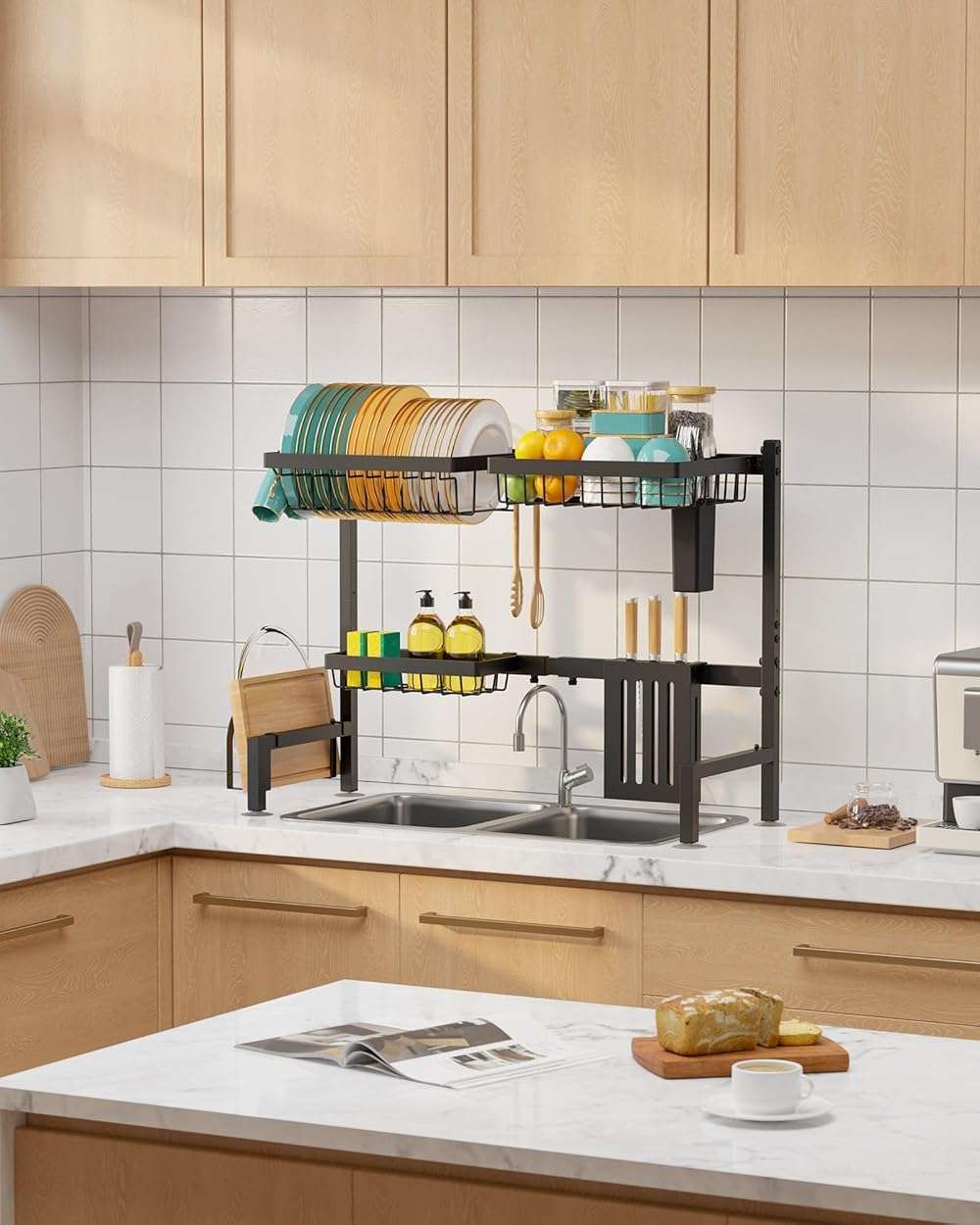 Sakugi Over The Sink Dish Drying Rack - Adjustable 2 Tier Large Capacity Stainless Steel Drainer with Cutlery & Utensil Holders, Kitchen Storage & Organization, 30"-33.9" L x 11" W x 21.5" H, Black - Image 8