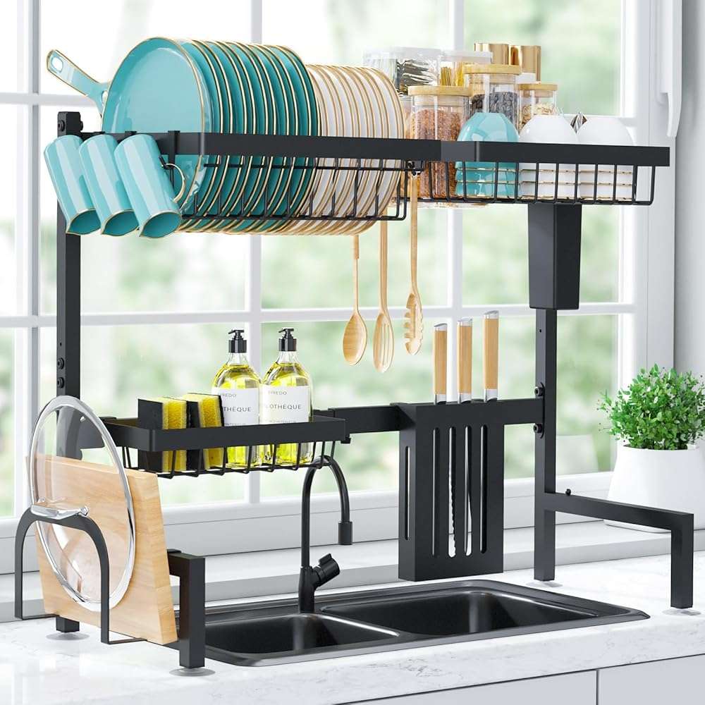 Sakugi Over The Sink Dish Drying Rack - Adjustable 2 Tier Large Capacity Stainless Steel Drainer with Cutlery & Utensil Holders, Kitchen Storage & Organization, 30"-33.9" L x 11" W x 21.5" H, Black - Image 9
