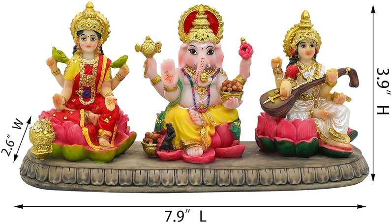 BangBangDa Hindu Ganesh Lakshmi Saraswati Statue - 3.9”H Indian God Lakshmi Ganesha Saraswati Idol Figurine Hindu Diwali Gifts Diwali Decoration Home Office Mandir Temple Pooja Item - Image 3