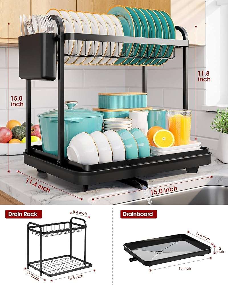 Sakugi 2-Tier Dish Drying Rack - Stainless Steel Dish Rack with Cutlery & Utensil Holders for Kitchen Counter, Sink Organization and Storage for Small Family, 15" W x 11.4" L x 15" H, Black - Image 2