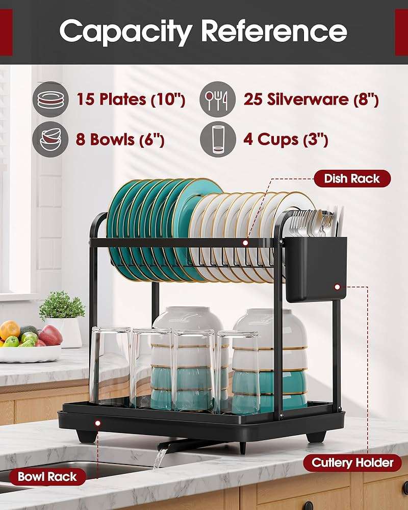 Sakugi 2-Tier Dish Drying Rack - Stainless Steel Dish Rack with Cutlery & Utensil Holders for Kitchen Counter, Sink Organization and Storage for Small Family, 15" W x 11.4" L x 15" H, Black - Image 3