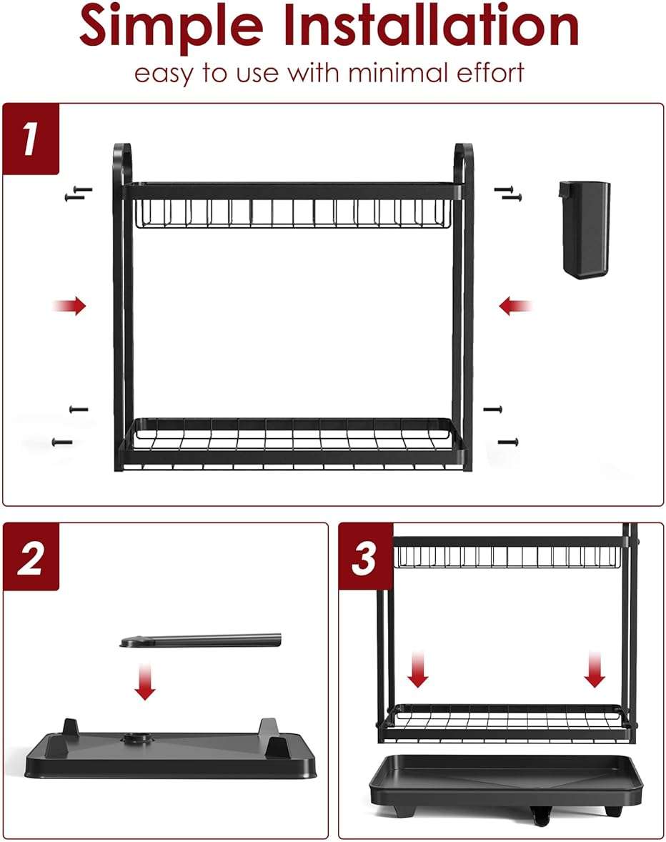Sakugi 2-Tier Dish Drying Rack - Stainless Steel Dish Rack with Cutlery & Utensil Holders for Kitchen Counter, Sink Organization and Storage for Small Family, 15" W x 11.4" L x 15" H, Black - Image 8