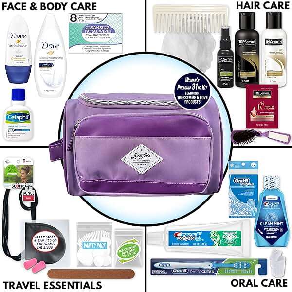 Convenience Kits International Women’s Super Premium 31 PC Travel Kit Featuring: Ensemble of Travel-Size Hair Care Products Plus Face, Body, Oral Care, Travel Essentials in Large Purple Toiletry Bag - Image 2