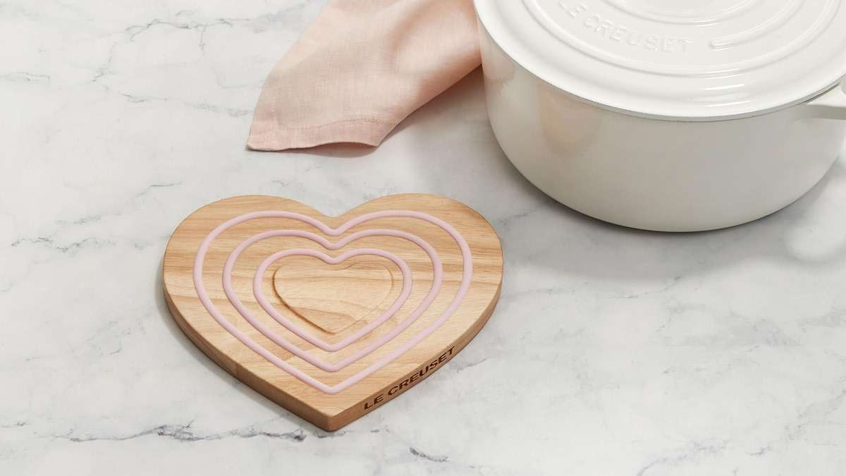 Le Creuset Magnetic Wood Trivet Heart Shaped, 8", Pink Silicone - Image 2
