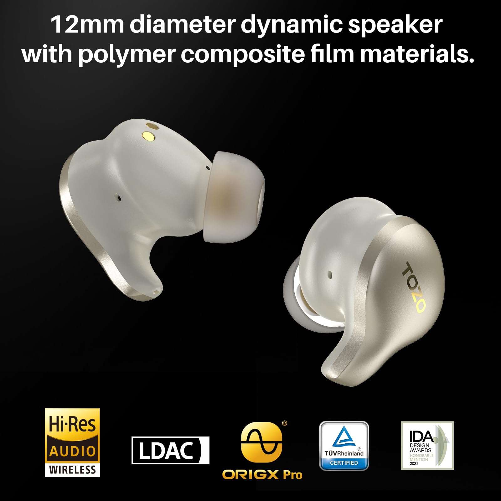 TOZO Golden X1 Wireless Earbuds Balanced Armature Driver and Hybrid Dynamic Driver, Bluetooth Headphones OrigX Pro, LDAC & Hi-Res Audio Wireless, Noise Cancellation Headset Champagne - Image 2