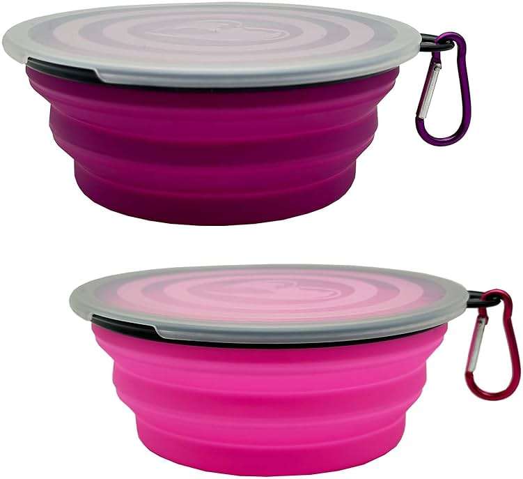 Medium Collapsible Dog Bowl 23oz,2 Pack Portable and Foldable Pet Travel Bowls with 2 Carabiners & Lids for Dogs Cats and Small Animals (Purple+Pink, 650ml) - Image 1