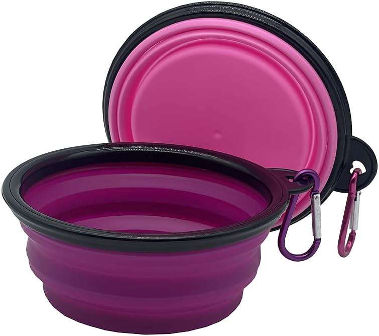 Medium Collapsible Dog Bowl 23oz,2 Pack Portable and Foldable Pet Travel Bowls with 2 Carabiners & Lids for Dogs Cats and Small Animals (Purple+Pink, 650ml) - Image 3