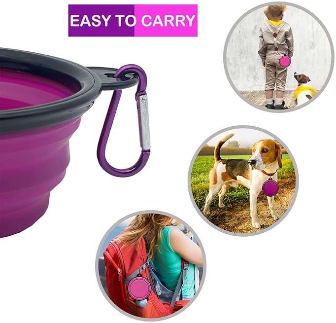 Medium Collapsible Dog Bowl 23oz,2 Pack Portable and Foldable Pet Travel Bowls with 2 Carabiners & Lids for Dogs Cats and Small Animals (Purple+Pink, 650ml) - Image 4