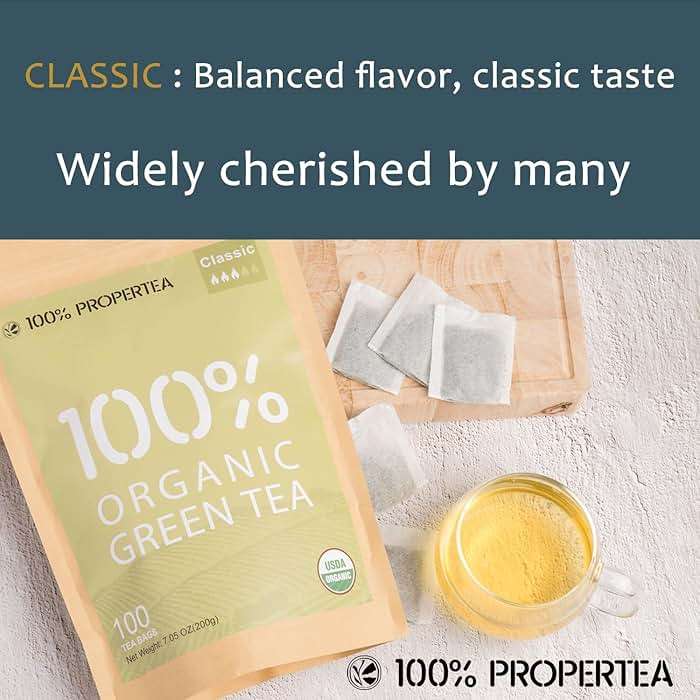 100% Propertea Organic Green Tea Bags,100 Count Eco-Friendly Tea Bags,Hot or Iced,Unsweetened,Low Caffeine, Rich in Antioxidants, Resealable Pouch,Classic Taste - Image 2