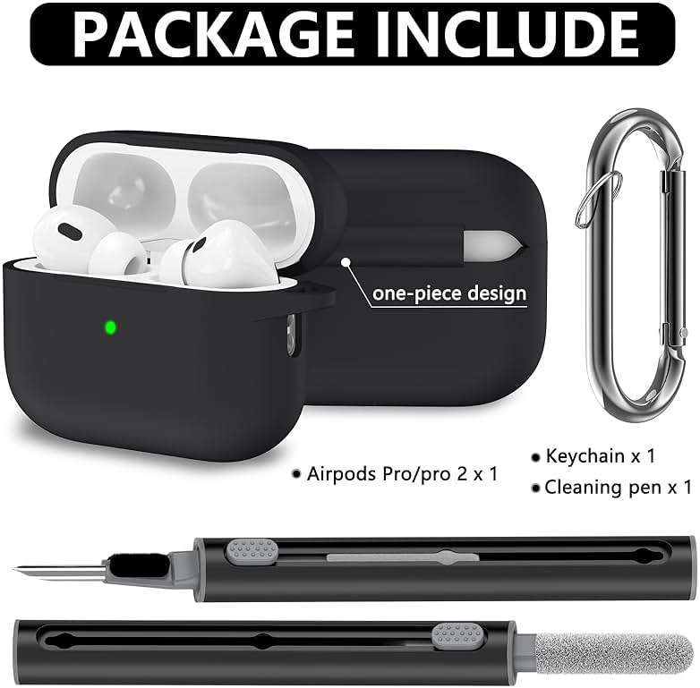 Ljusmicker for AirPods Pro Case Cover with Cleaner Kit,Soft Silicone Protective Cover for Apple AirPod Pro 2nd/1st Generation Case for Women Men,AirPods Pro 2/Pro Case Accessories with Keychain-Black | Cleaner Kit - Image 2