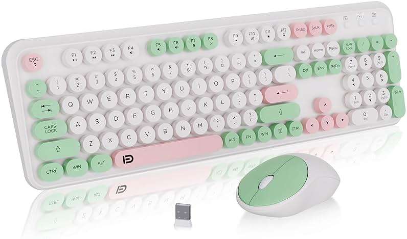 FD 2.4GHz Wireless Keyboard and Mouse Set with Switch Button - Full-Size Keyboard - Compatible for Windows/Laptop/PC/Notebook/Smart TV and More - Milky White Green Colorful - Image 1