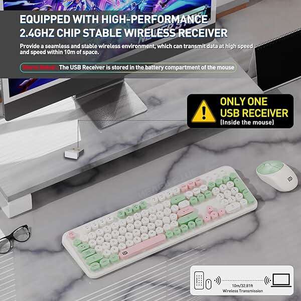 FD 2.4GHz Wireless Keyboard and Mouse Set with Switch Button - Full-Size Keyboard - Compatible for Windows/Laptop/PC/Notebook/Smart TV and More - Milky White Green Colorful - Image 2