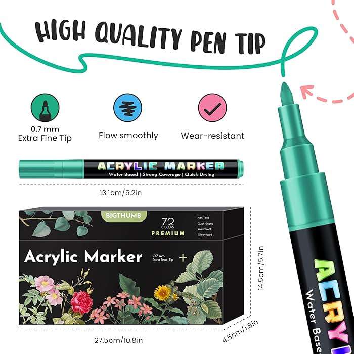 BIGTHUMB 72 Colors Acrylic Paint Pens Markers, Extra Fine Tip Acrylic Paint Markers for Rock Painting, Ceramic, Wood, Plastic, Canvas, Glass, Card Making, DIY Crafts & Art Supplies - Image 3