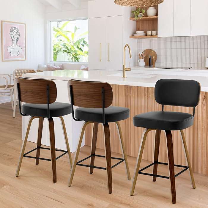 Bekrvio Swivel Counter Height Bar Stools Set of 3, 26" Upholstered Faux Leather Barstools with Back and Bent Wood Legs, Mid Century Modern Bar Chair Island Stool for Kitchen Counter, Black - Image 1