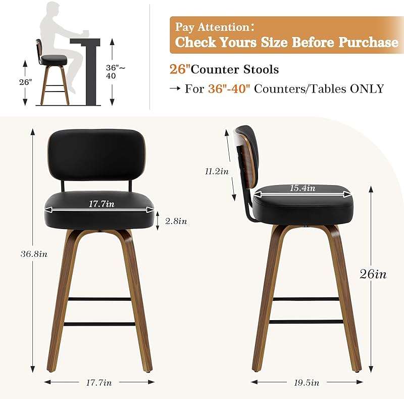 Bekrvio Swivel Counter Height Bar Stools Set of 3, 26" Upholstered Faux Leather Barstools with Back and Bent Wood Legs, Mid Century Modern Bar Chair Island Stool for Kitchen Counter, Black - Image 2