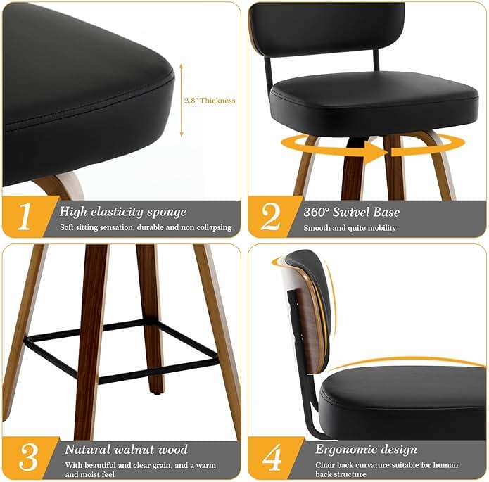 Bekrvio Swivel Counter Height Bar Stools Set of 3, 26" Upholstered Faux Leather Barstools with Back and Bent Wood Legs, Mid Century Modern Bar Chair Island Stool for Kitchen Counter, Black - Image 3