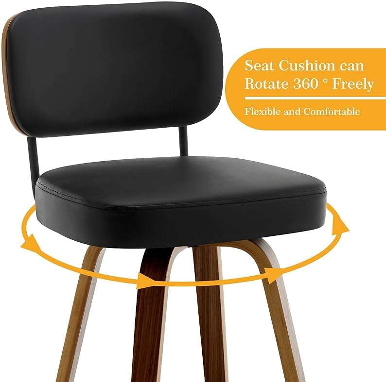 Bekrvio Swivel Counter Height Bar Stools Set of 3, 26" Upholstered Faux Leather Barstools with Back and Bent Wood Legs, Mid Century Modern Bar Chair Island Stool for Kitchen Counter, Black - Image 4