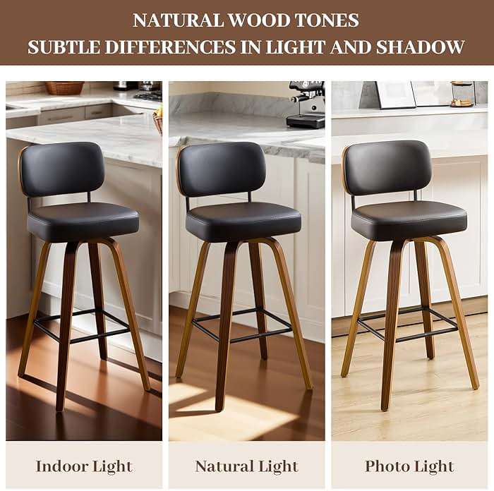Bekrvio Swivel Counter Height Bar Stools Set of 3, 26" Upholstered Faux Leather Barstools with Back and Bent Wood Legs, Mid Century Modern Bar Chair Island Stool for Kitchen Counter, Black - Image 6