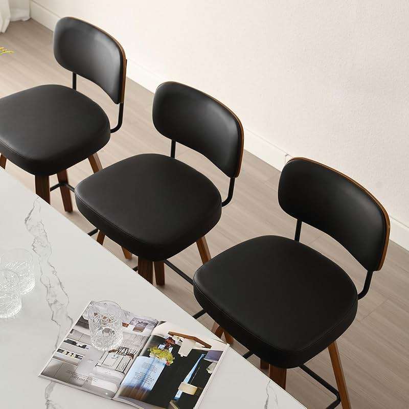 Bekrvio Swivel Counter Height Bar Stools Set of 3, 26" Upholstered Faux Leather Barstools with Back and Bent Wood Legs, Mid Century Modern Bar Chair Island Stool for Kitchen Counter, Black - Image 7