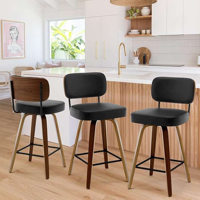 Bekrvio Swivel Counter Height Bar Stools Set of 3, 26" Upholstered Faux Leather Barstools with Back and Bent Wood Legs, Mid Century Modern Bar Chair Island Stool for Kitchen Counter, Black - Image 8