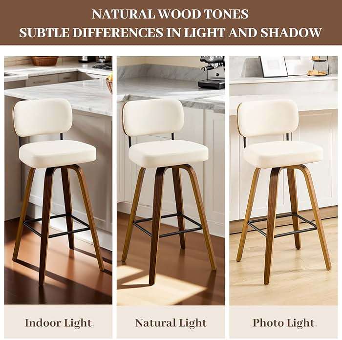 Bekrvio Swivel Counter Height Bar Stools Set of 4, 26" Upholstered Faux Leather Barstools with Back and Bent Wood Legs, Mid Century Modern Bar Chair Island Stool for Kitchen Counter, Cream White - Image 5