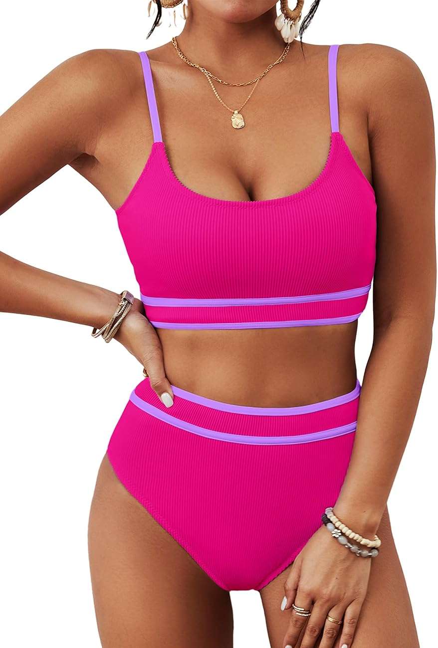 BMJL Women's High Waisted Bikini Ribbed Two Piece Swimsuit High Cut Color Block Adjustable Straps Bathing Suit - Image 1
