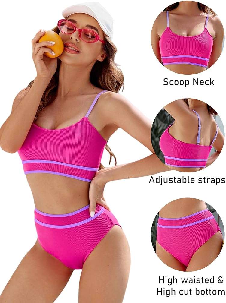 BMJL Women's High Waisted Bikini Ribbed Two Piece Swimsuit High Cut Color Block Adjustable Straps Bathing Suit - Image 4