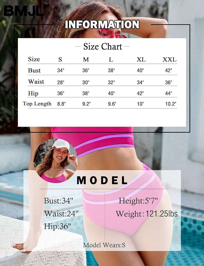 BMJL Women's High Waisted Bikini Ribbed Two Piece Swimsuit High Cut Color Block Adjustable Straps Bathing Suit - Image 6
