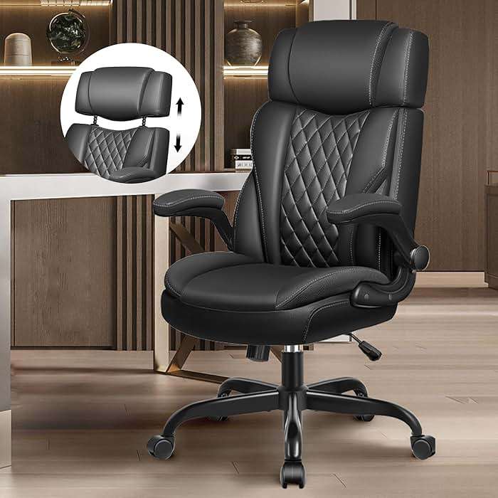 Office Chair Flip Up Arms, Executive Leather Office Chair Ergonomic Desk Chair with Lumbar Support, Adjustable Headrest, Computer Chair Home Office Desk Chair with Rocking Function - Image 1