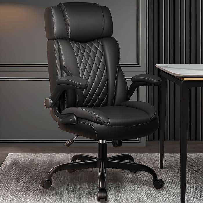 Office Chair Flip Up Arms, Executive Leather Office Chair Ergonomic Desk Chair with Lumbar Support, Adjustable Headrest, Computer Chair Home Office Desk Chair with Rocking Function - Image 2