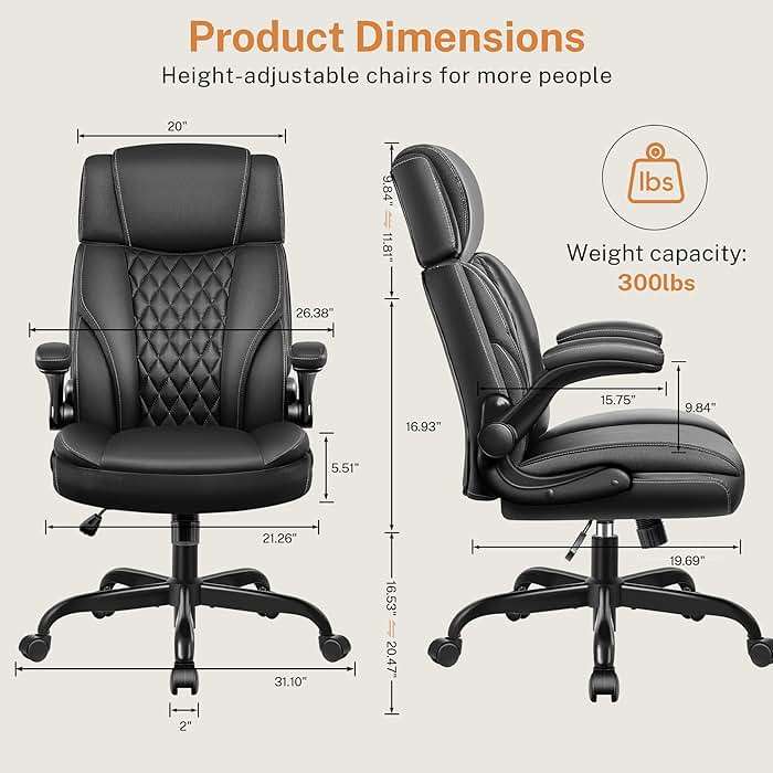 Office Chair Flip Up Arms, Executive Leather Office Chair Ergonomic Desk Chair with Lumbar Support, Adjustable Headrest, Computer Chair Home Office Desk Chair with Rocking Function - Image 3