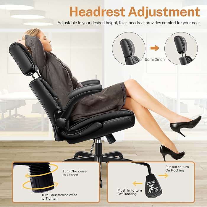Office Chair Flip Up Arms, Executive Leather Office Chair Ergonomic Desk Chair with Lumbar Support, Adjustable Headrest, Computer Chair Home Office Desk Chair with Rocking Function - Image 6