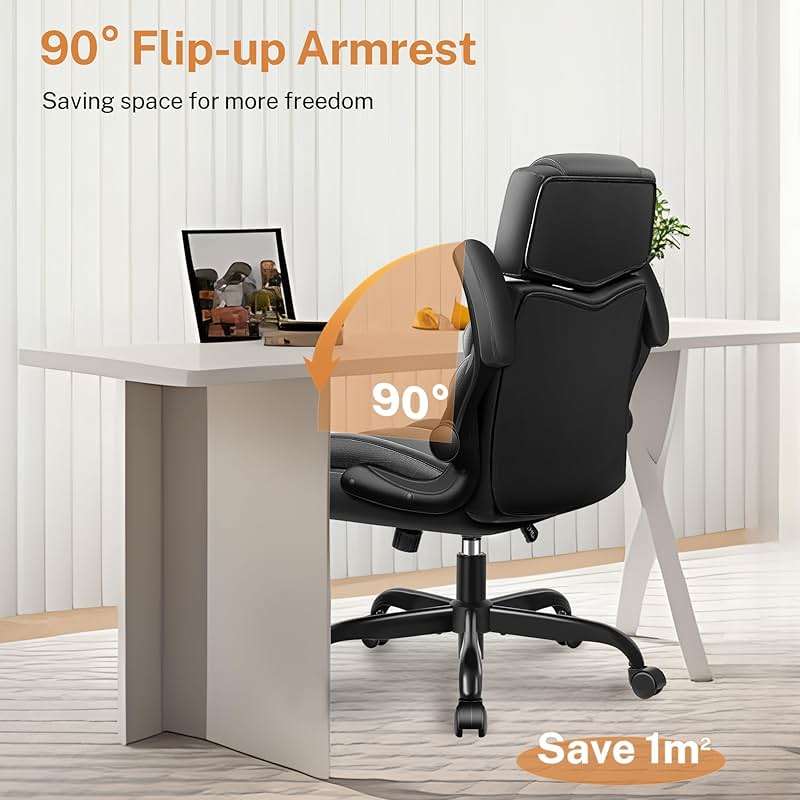 Office Chair Flip Up Arms, Executive Leather Office Chair Ergonomic Desk Chair with Lumbar Support, Adjustable Headrest, Computer Chair Home Office Desk Chair with Rocking Function - Image 8