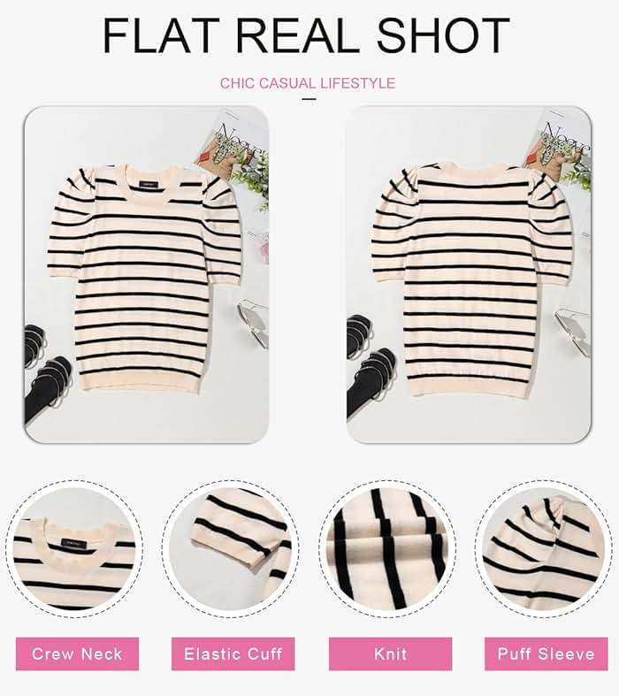 Dokotoo Women's Short Puff Sleeve Summer Sweater 2026 Trendy Crewneck Striped Casual Business Casual Knit Tops - Image 3