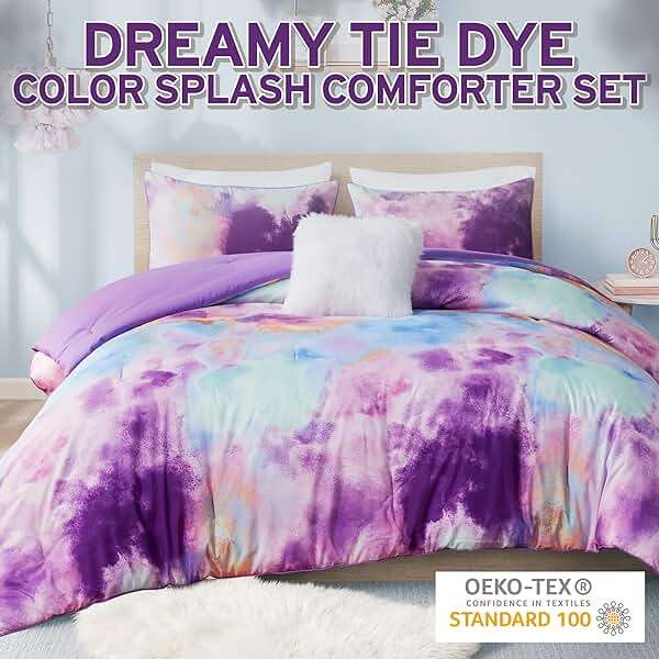 Intelligent Design Queen Size Comforter Set, Watercolor Comforter Set for Teen Girl & Boys, Tie Dye Queen Bedding Sets, 4 Pieces Cassiopeia Comforter, Sham, Throw Pillow Full/Queen Lavender - Image 2