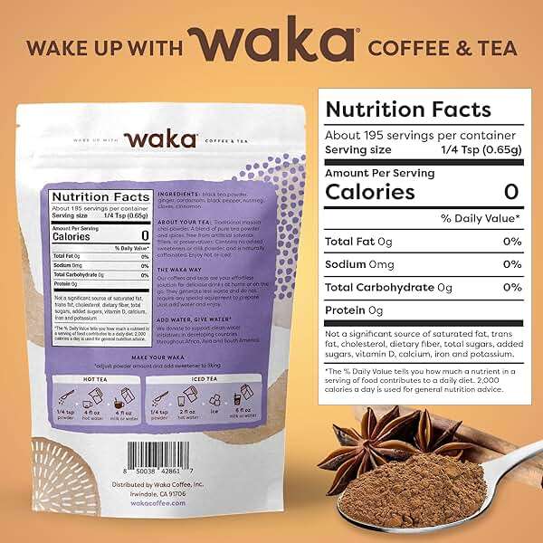 Waka Traditional Chai Tea Powder Mix - Chai Tea Concentrate Sugar Free, Pure Leaves from India, Natural Spices, Unsweetened, No Additives (4.5oz Pouch, 195 Servings) - Image 2